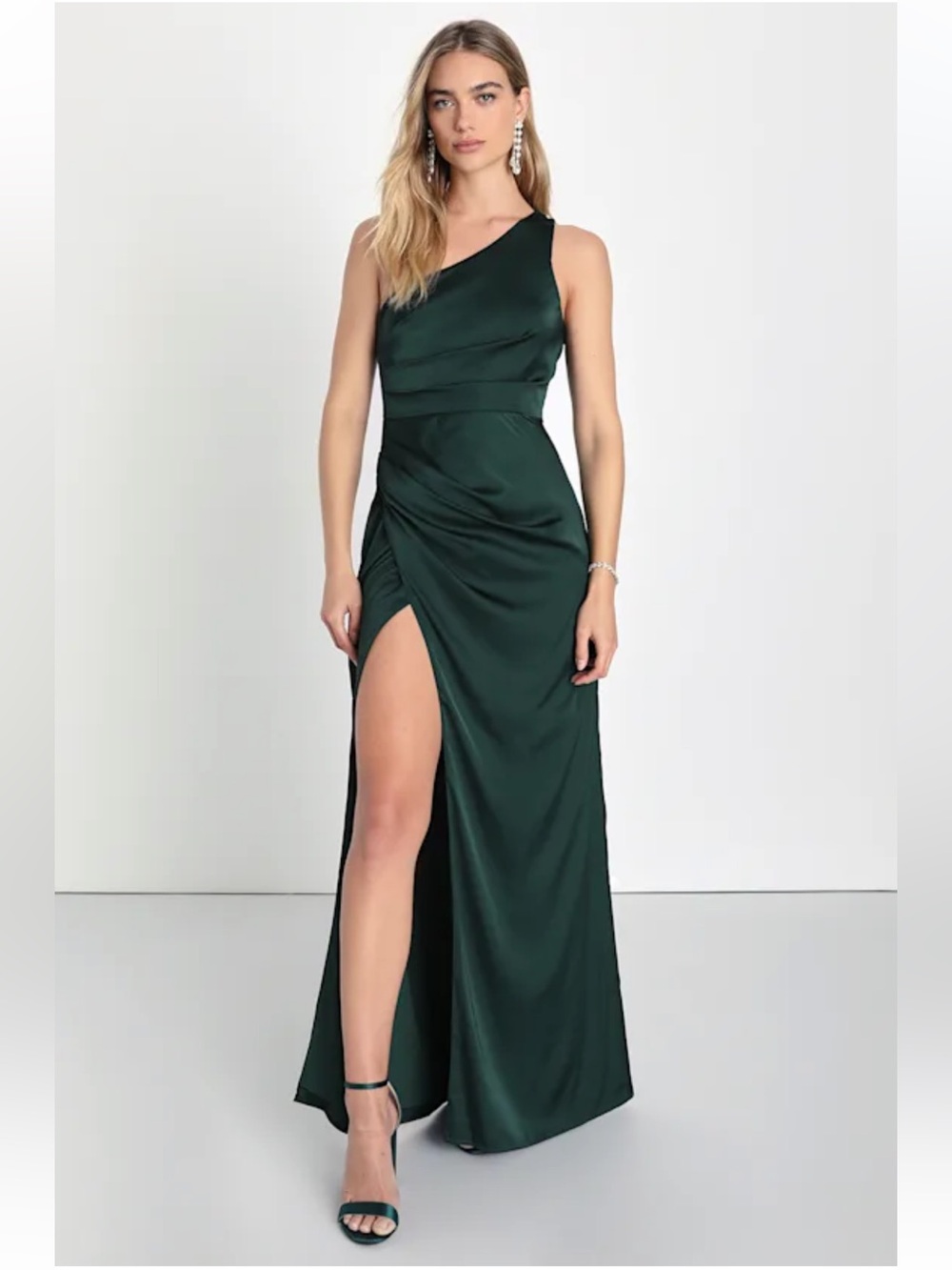 NWT Lulus Dreaming of Elegance Emerald Satin One-Shoulder Maxi Dress